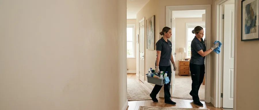 two cleaners working a hallway and doorway of an occupied home in daylight, one wiping a door frame and one moving toward the next room with a caddy, both right of centre, uncluttered hallway wall filling the left third