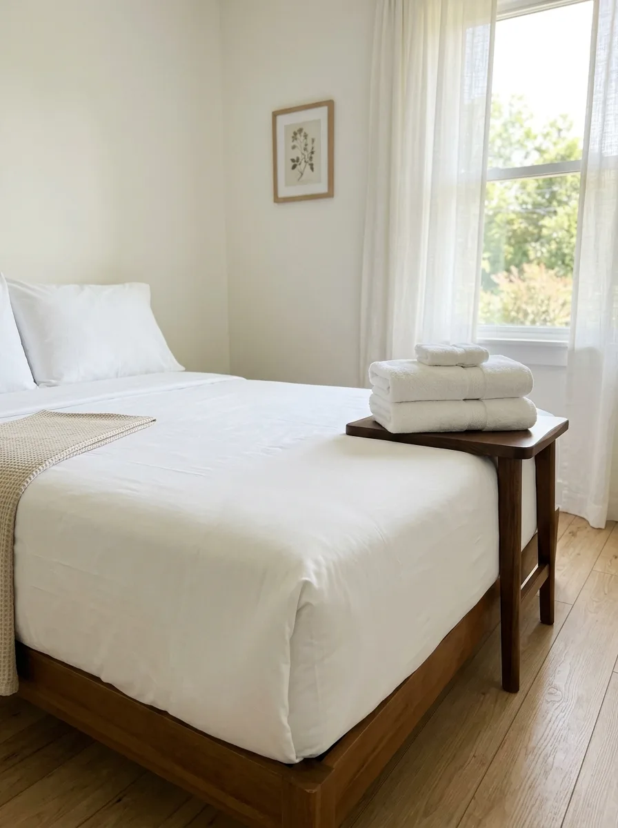 a short-term rental bedroom reset between guests, crisp white linens tucked at the bed corner lower-left, two folded towels stacked upper-right, curtains open to daylight