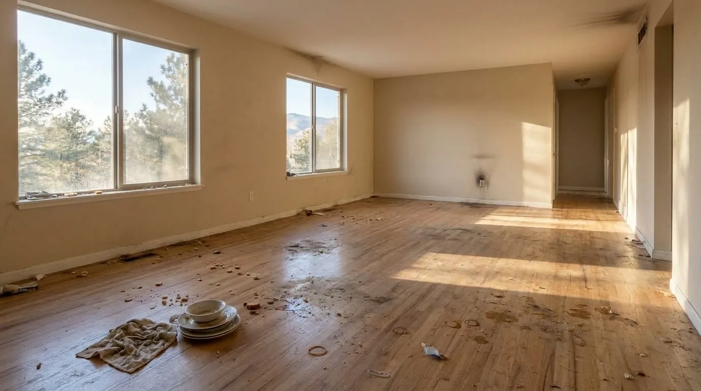 Before: an emptied Colorado living room on moving day, furniture gone, low morning sun raking across clean streak-free bare hardwood toward a hallway, bare windows wiped and sills clear, room running off the right edge, empty lower-left floor area