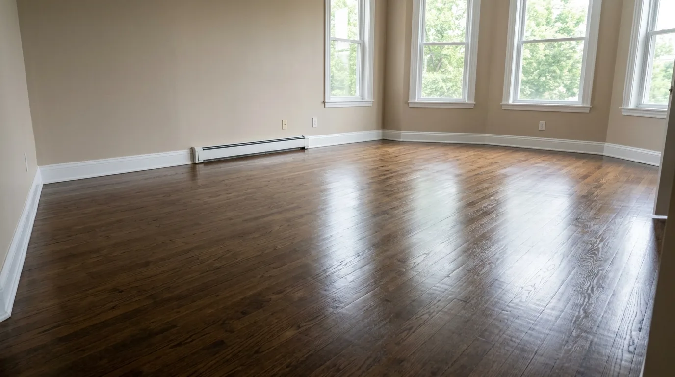 an empty living room in a vacated house, freshly cleaned bare floors reflecting light from uncovered windows, wiped baseboards, no furniture, no people
