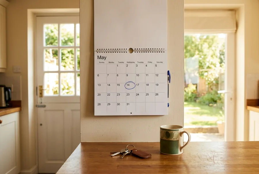 a paper wall calendar beside a back door in a sunlit suburban kitchen shot slightly overhead, one day circled in pen, keys and a mug on the counter below